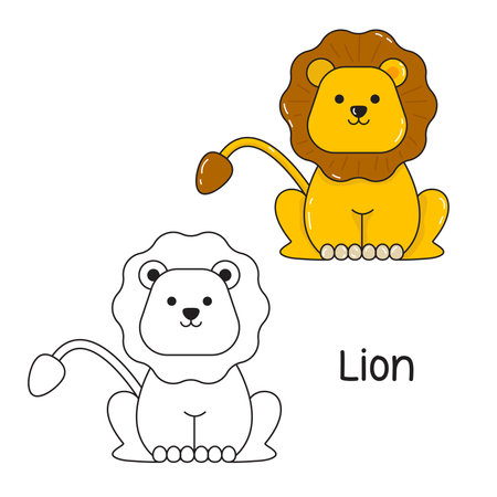 Vector illustration. Coloring book , Coloring lion. Cartoon animal. Clipart set for nursery poster, Practice skillsのイラスト素材