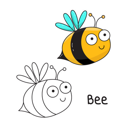 Vector illustration. Coloring book , Coloring Bee. Cartoon animal. Clipart set for nursery poster, Practice skillsのイラスト素材