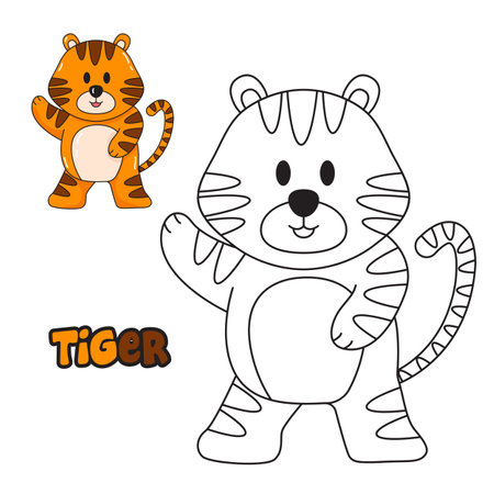 Vector illustration. Coloring book , Coloring tiger. Cartoon animal. Clipart set for nursery poster, Practice skillsのイラスト素材