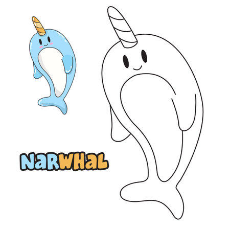 Vector illustration. Coloring book , Coloring Narwhal. Cartoon animal. Clipart set for nursery poster, Practice skillsのイラスト素材