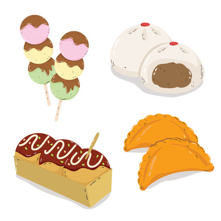Illustration of food, Japanese snacks, hand drawn. Dango, curry puff, tako, steamed buns.のイラスト素材
