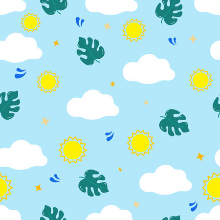 Vector illustration. Seamless summer pattern with hand drawn beach background elementsのイラスト素材