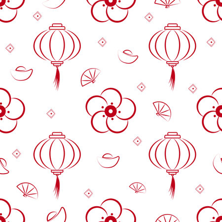 Vector illustration. Seamless chinese new year pattern with hand drawn  celebration background elementsのイラスト素材