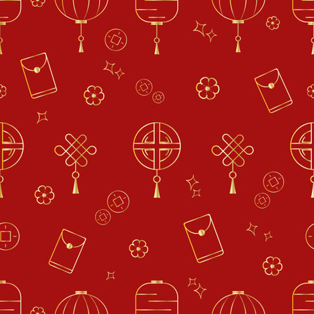 Vector illustration. Seamless chinese new year pattern with hand drawn  celebration background elementsのイラスト素材