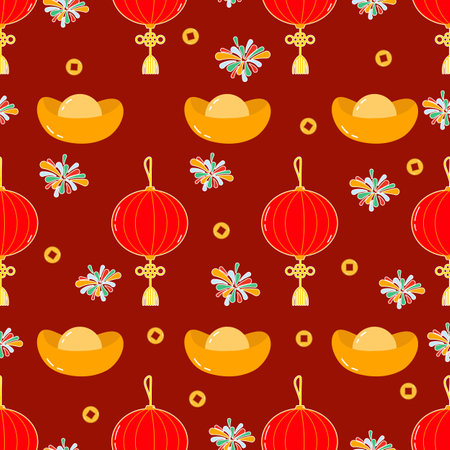Vector illustration. Seamless chinese new year pattern with hand drawn  celebration background elementsのイラスト素材