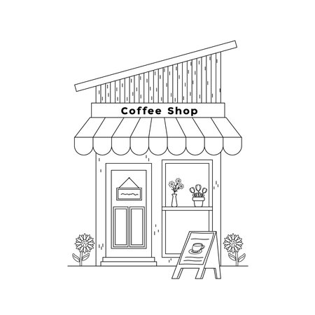 vector illustration. Small business facades flat set with bakery coffee shop. Hand drawn line art illustration.のイラスト素材