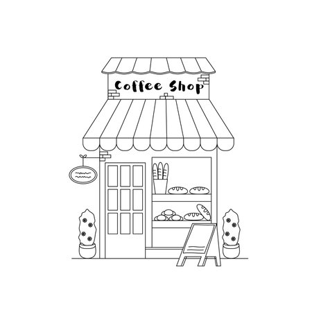 vector illustration. Small business facades flat set with bakery coffee shop. Hand drawn line art illustration.のイラスト素材