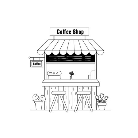 vector illustration. Small business facades flat set with bakery coffee shop. Hand drawn line art illustration.のイラスト素材