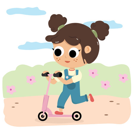 Illustration girl playing scooterのイラスト素材