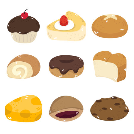 Illustration set of desserts and bakery items. Such as cakes, bread. Separate background.のイラスト素材