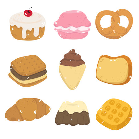 Illustration set of desserts and bakery items. Such as cakes, bread. Separate background.のイラスト素材