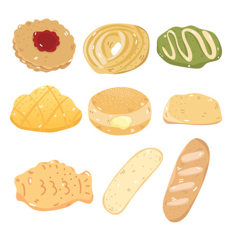 Illustration set of desserts and bakery items. Such as cakes, bread. Separate background.のイラスト素材