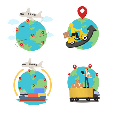 Set of global shipping illustrations. Trade. Shipping. Isolated background Vector.のイラスト素材