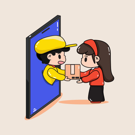 illustration of an online delivery concept. A delivery man in a yellow uniform is handing a package to a woman through a smartphone screen.のイラスト素材