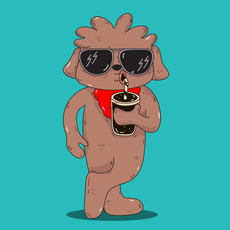 Vector illustration of a cool cartoon dog wearing sunglasses and a red bandana, confidently drinking soda with a straw.のイラスト素材