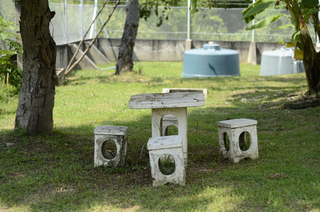 Mable table in gardenの写真素材