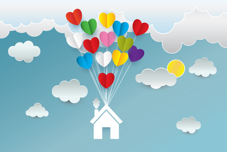 Paper art  heart house cloud  in the sky concept, vector and  illustrationのイラスト素材