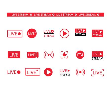 Set of live streaming icons. Set of video broadcasting and live streaming icon. Button, red symbols for TV, news, movies, showsのイラスト素材