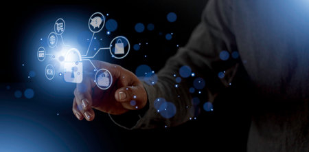 cyber security internet and networking concept. Businessman hand working with VR screen padlock icon on computer backgroundの写真素材