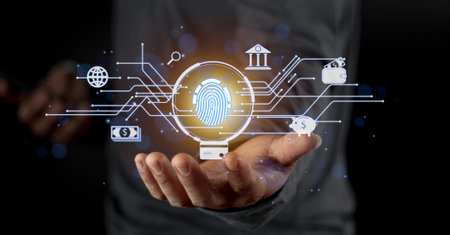 Businessman holding light icon social security network connection with shield guard to protected from cyber attacks. Network security system conceptの写真素材