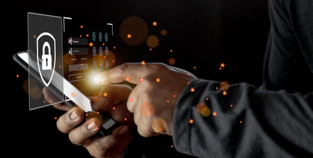 Online cyberspace internet cyberspace law rules rights regulation security lock protection against copyrights misuse conduct. Digital padlock icon, cyber security network and data protectionの写真素材