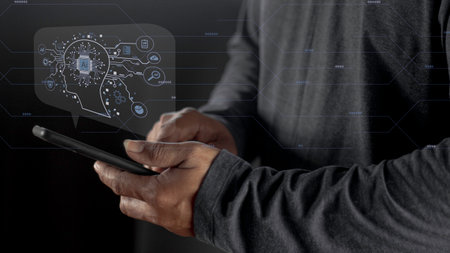 Businessman touching digital chatbot for provide access to information and data in online network, application and global connection, AI, Artificial intelligence, innovation and technology.の写真素材