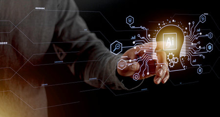 Businessman touching digital chatbot for provide access to information and data in online network, application and global connection, AI, Artificial intelligence, innovation and technology.の写真素材