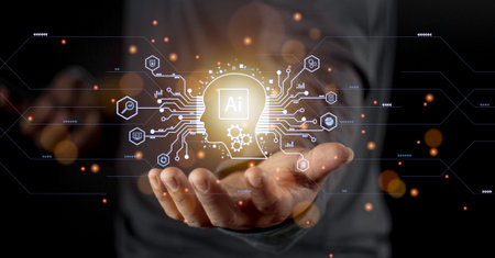 Businessman touching digital chatbot for provide access to information and data in online network, application and global connection, AI, Artificial intelligence, innovation and technology.の写真素材