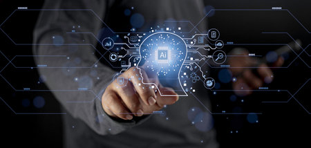 Businessman touching digital chatbot for provide access to information and data in online network, application and global connection, AI, Artificial intelligence, innovation and technology.の写真素材