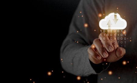 Cloud computing concept - connect to cloud. Businessman or information technologist with cloud...