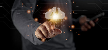 Cloud computing concept - connect to cloud. Businessman or information technologist with cloud...