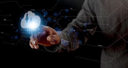 Cloud computing concept - connect to cloud. Businessman or information technologist click on cloud computing icon.の写真素材