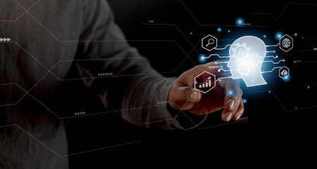 Businessman using light bulbs icon intelligence Ai. Chat bot with AI Artificial Intelligence, Futuristic technology, robot in online system.の写真素材
