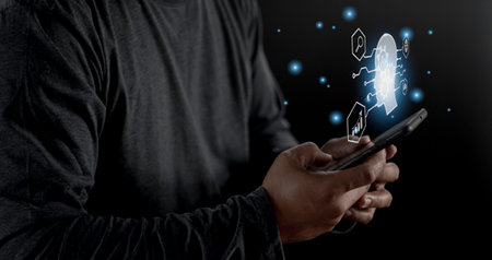 Businessman using light bulbs icon intelligence Ai. Chat bot with AI Artificial Intelligence, Futuristic technology, robot in online system.の写真素材