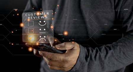 Customer Experience dissatisfied Concept, Unhappy Businessman Client with Sadness Emotion Face on smartphone screen, Bad review, bad service dislike bad quality, low rating, social media not good.の写真素材