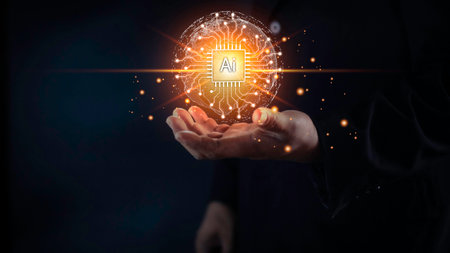 businessman show virtual graphic Global Internet connect Chatgpt Chat with AI, Artificial Intelligence. using command prompt for generates something, Futuristic technology transformation, Ai techの写真素材