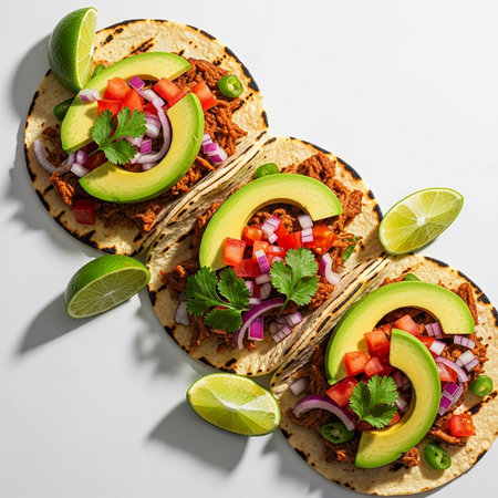 This image features three tacos filled with meat, avocado slices, diced tomatoes, red onions, and cilantro. The tacos are garnished with lime wedges and are isolated on a clean white background. The vibrant colors of the ingredients contrast beautifully against the white backdrop, making the food look fresh and appetizing.の素材