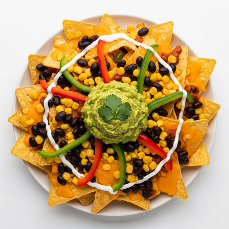 This image features a plate of nachos topped with black beans, corn, sliced bell peppers, and a dollop of guacamole. The dish is artfully arranged and isolated on a white background, making it visually appealing and perfect for culinary presentations. The vibrant colors of the toppings contrast beautifully with the white background, highlighting the freshness and variety of the ingredients.の素材