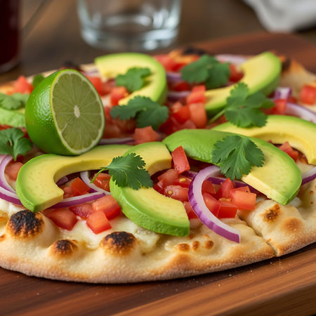 A delicious pizza topped with slices of avocado, diced tomatoes, red onions, cilantro, and a lime wedge, served on a wooden table.の素材