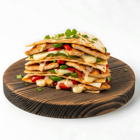 A delicious stack of chicken quesadillas filled with melted cheese, red peppers, and fresh cilantro, presented on a wooden cutting board.の素材