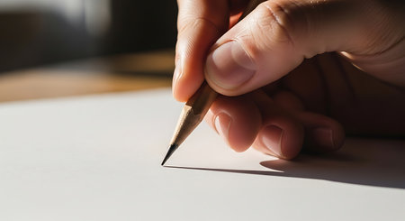 This image captures a moment of creativity and focus as a hand carefully writes with a pen on a piece of paper. The pen is held delicately between the fingers, indicating a sense of control and precision. The background is blurred, drawing attention to the act of writing. The image evokes feelings of concentration, artistry, and the simple joy of putting thoughts to paper.の素材