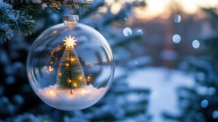 The a clear glass Christmas ornament hanging on a decorated tree. Inside the ornament, there is a miniature tree adorned with small lights and topped with a star, surrounded by a snowy base. The background a blurred, festive evening scene with a blue hue, creating a cozy and warm atmosphere. The lights inside the ornament twinkle, adding a magical touch to the holiday decoration.の素材