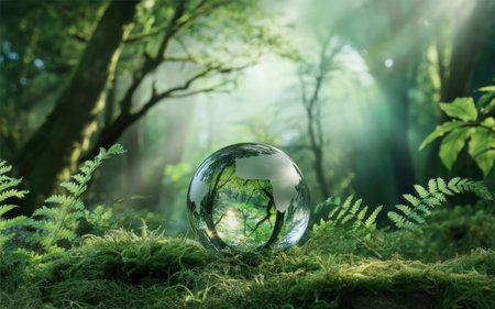 The showcases a crystal clear globe placed on a bed of moss and ferns in a lush green forest. The globe reflects the surrounding trees and sunlight, creating a serene and tranquil atmosphere. The sunlight filters through the dense foliage, casting a warm glow on the scene. The vibrant greenery and natural contribute to a peaceful and calming mood.の素材