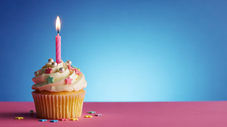 The a single birthday cupcake with white frosting and colorful star-shaped sprinkles. A pink candle is lit on of the cupcake, casting a warm glow. The cupcake sits on a pink surface with scattered colorful sprinkles around it. The background is a gradient of blue, transitioning from a lighter shade at the to a darker one at the bottom. The overall mood is cheerful and festive, celebrating a birthday or special occasion.の素材