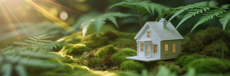 The a small, detailed white house model placed on a bed of green moss and surrounded by lush ferns. Sunlight filters through the greenery, casting warm, glowing rays that create a serene and tranquil atmosphere. The sunlight highlights the intricate details of the house and the surrounding natural enhancing the peaceful and cozy mood of the scene.の素材