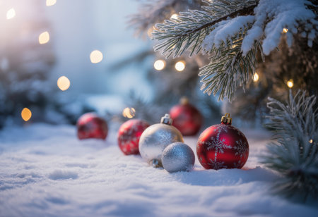 The showcases a serene winter scene with snow-covered Christmas ornaments and pine branches adorned with twinkling lights. The ornaments, in vibrant red and silver, are scattered across the snow, creating a festive and cozy atmosphere. The pine branches, dusted with snow, add a natural and wintry touch to the scene. The twinkling lights in the background enhance the holiday spirit, making it a representation of a peaceful and festive winter landscape.の素材