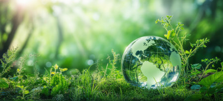 The a glass globe with a green Earth placed on a forest floor surrounded by lush green plants. Sunlight filters through the trees, casting a serene and peaceful ambiance. The vibrant greenery and sunlight rays create a tranquil and eco-friendly atmosphere, emphasizing growth and sustainability.の素材