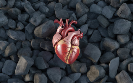 A detailed, realistic anatomical human heart in shades of deep red, pink, and yellow rests centrally on a bed of dark grey, textured stones. The heart's intricate details, including arteries and veins, are clearly visible against the rough, varied shapes of the rocks.の素材