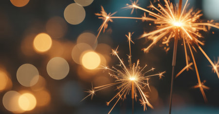 The multiple golden sparklers igniting against a dark background, creating a festive and celebratory atmosphere. The sparklers emit bright, radiant sparks that contrast sharply with the dark backdrop, while bokeh lights in the background add a soft, glowing effect. The composition captures the dynamic and lively essence of a festive occasion, with the sparklers' bright sparks the viewer's attention.の素材