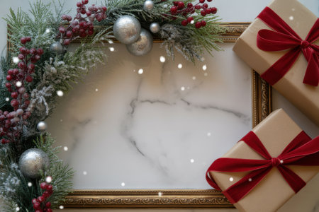 The a festive Christmas wreath with pine branches, red berries, and silver baubles arranged in a gold frame on a marble background. Two wrapped gifts with red velvet bows are placed beside the frame. Snowflakes are falling, adding a wintry touch to the scene. The overall mood is cozy and the holiday season.の素材
